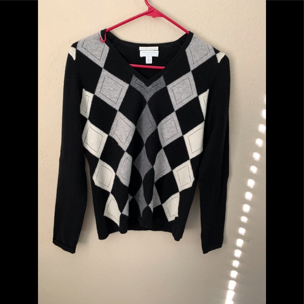 Charter Club 2 Ply 100% Cashmere V-Neck Sweater Womens P/P Black Argyle